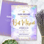 QR-Code Bat Mitzvah Lila Gold Glitzer Watercolor Einladung<br><div class="desc">Seien Sie stolz, freuen Sie sich und präsentieren Sie diesen Meilenstein Ihres Lieblings-Bat Mitzvah! Versenden Sie diese atemberaubende, moderne, personalisierte QR-Codeeinladung für eine Veranstaltung, an die Sie sich erinnern können. Funkelnd Imitate Goldfolienskripte, Glitzer-Punkte, Star of David und handgeschriebene Skripttypografie überlagern einen leichten lila Aquarellhintergrund. Auf der Rückseite, zusätzliche Gold-Glitzer-Punkte, der...</div>