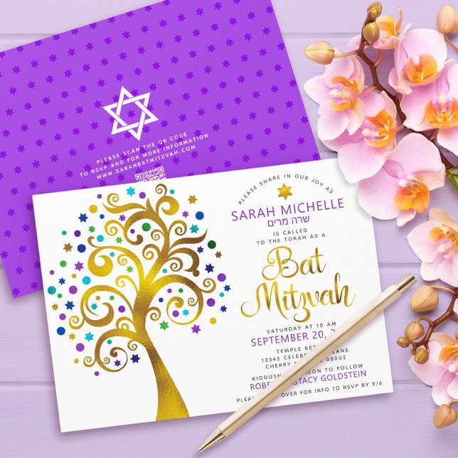 QR-Code Bat Mitzvah Lila Gold kühne Baum des Leben Einladung (Von Creator hochgeladen)