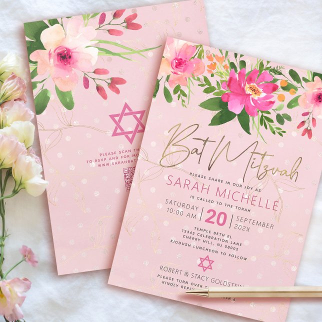 QR-Code Bat Mitzvah Pink Floral Gold Foil Skript Einladung (Von Creator hochgeladen)