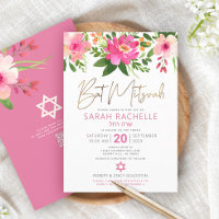 QR Code Bat Mitzvah Pink Floral Gold Script Modern