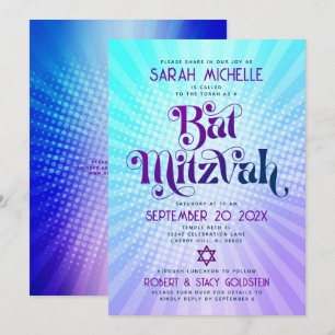QR Code Bat Mitzvah Retro Blau Lila Farbverlauf Sp Einladung