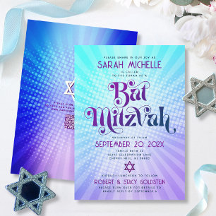 QR Code Bat Mitzvah Retro Blau Lila Gradient Spaß Einladung