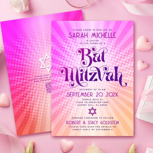 QR-Code Bat Mitzvah Retro Rosa Orangen Gradient Fu Einladung (Von Creator hochgeladen)