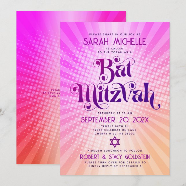 QR-Code Bat Mitzvah Retro Rosa Orangen Gradient Fu Einladung (Vorne/Hinten)