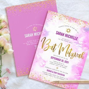 QR-Code Bat Mitzvah Rosa Wasserfarbe Gold Glitter Einladung