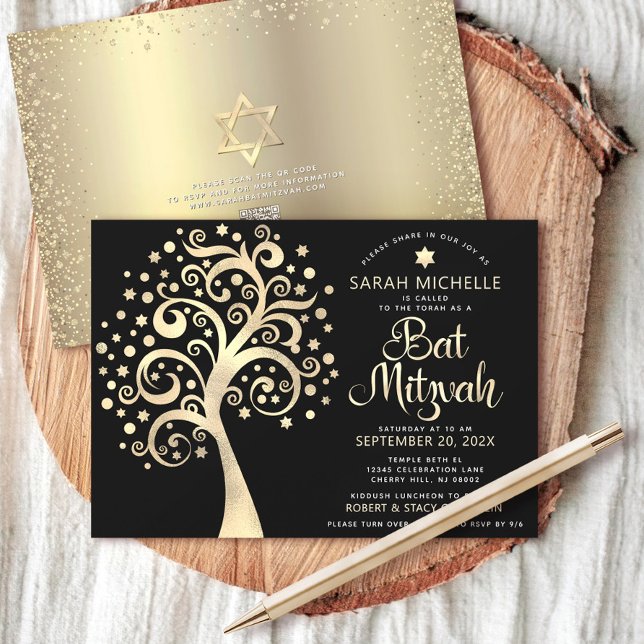 QR-Code Bat Mitzvah Schwarzer Goldene Tree von Lif Einladung (Von Creator hochgeladen)