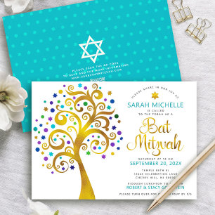 QR-Code Bat Mitzvah Türkis Gold Baum des Lebens Einladung