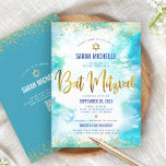 QR Code Bat Mitzvah Türkis Wasserfarbe Goldfolie Einladung<br><div class="desc">Seien Sie stolz, freuen Sie sich und präsentieren Sie diesen Meilenstein Ihres Lieblings-Bat Mitzvah! Versenden Sie diese atemberaubende, moderne, personalisierte QR-Codeeinladung für eine Veranstaltung, an die Sie sich erinnern können. Funkelnd Imitate Goldfolienskripte, Glitzer-Punkte, Star of David und handgeschriebene Skripttypografie überlagern einen türkisfarbenen Hintergrund. Auf der Rückseite, zusätzliche Gold-Glitzer-Punkte, der Name...</div>
