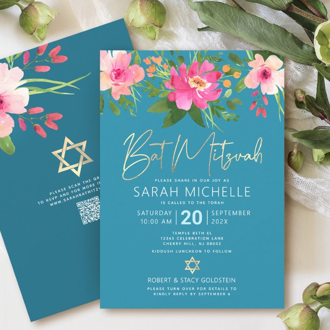 QR-Code Bat Mitzvah Turquoise Floral Gold Script Einladung (Von Creator hochgeladen)