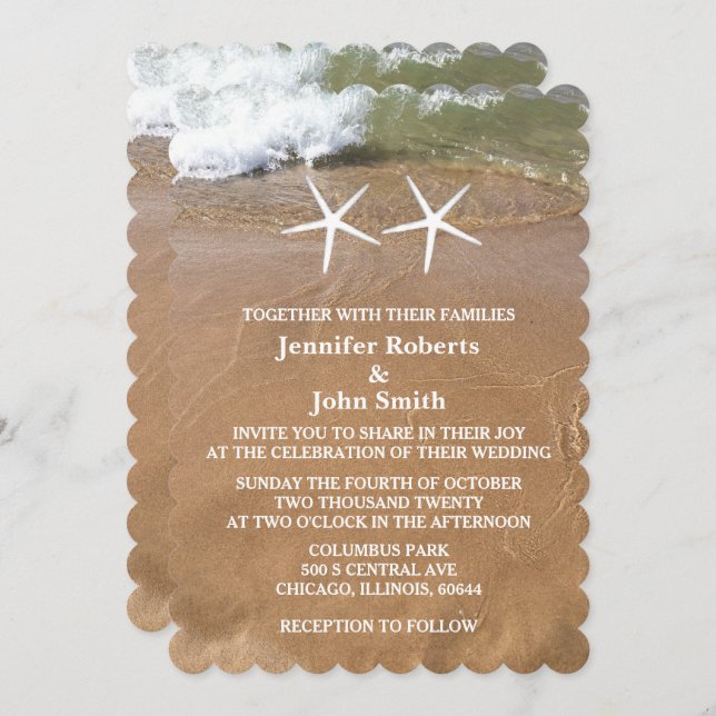 QR Code Beach Starfish Sandy Ocean Wedding Einladung (Vorne/Hinten)