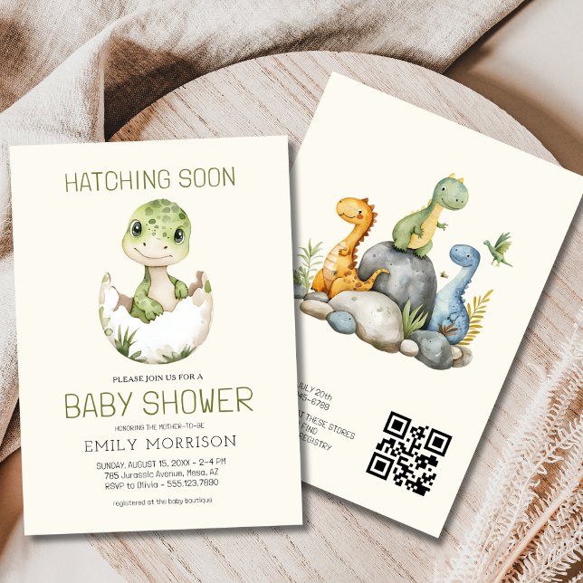 QR Code Beige Dinosaurier Schläge Bald Baby Dusche Einladung (Von Creator hochgeladen)