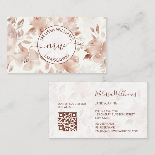 QR-Code | Beige Wasserfarbe Rosen | Logo Visitenkarte (Vorne/Hinten)
