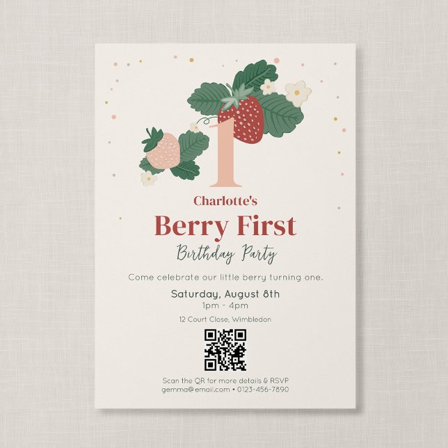 QR-Code Berry Erster Geburtstag Erbstück Erdbeere Einladung (Strawberry Garden - Berry First Birthday Invitation with QR Code)
