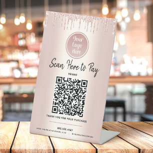 QR-Code Bezahlen Sie hier Rosa Gold Glitter Benutz Sockelschild