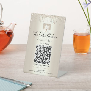 QR Code Bezahlung hier Gold Bakery Cake Glitzer Tr Sockelschild