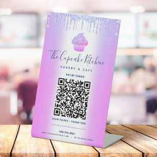 QR-Code Bezahlung hier Lila Cupcake Glitzer Bäcker Sockelschild