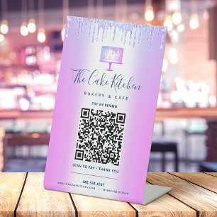 QR-Code Bezahlung hier Lila Kuchen Bäckerei Glitze Sockelschild