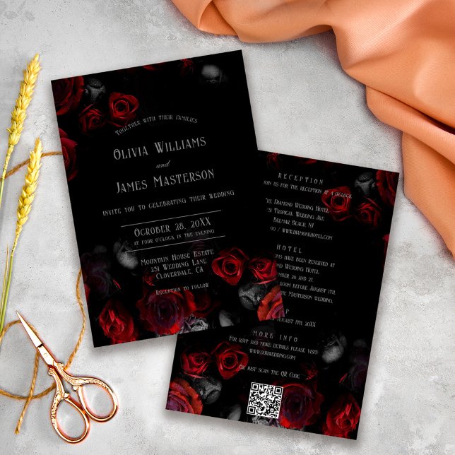 QR Code Black and Red Floral All in One Wedding Einladung (Von Creator hochgeladen)