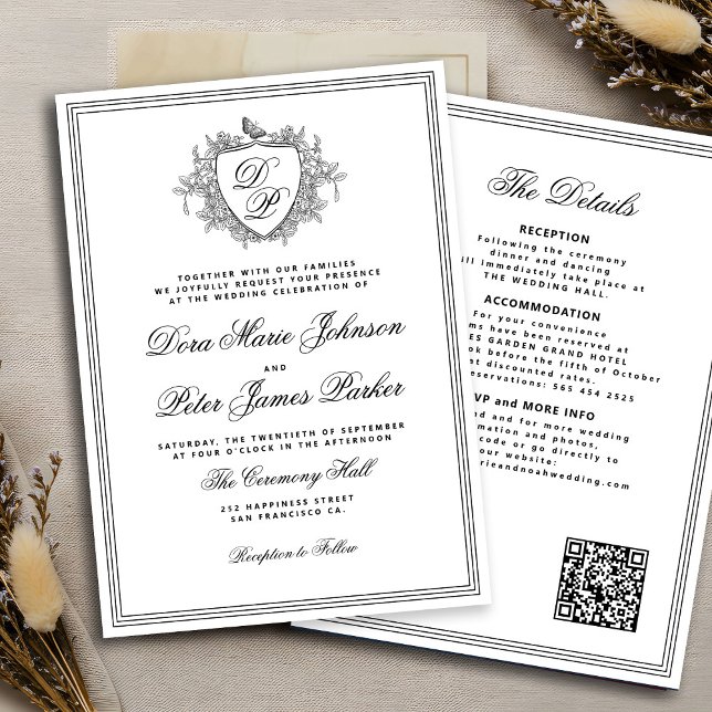 QR code black and white crest monogram wedding Einladung (Von Creator hochgeladen)