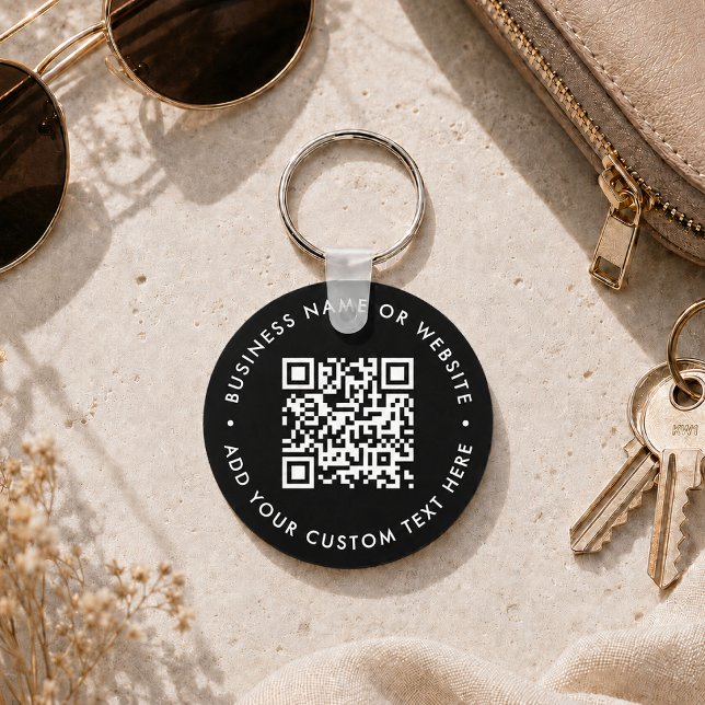 QR-Code | Black Business Modern Budget Round Schlüsselanhänger (Interactive editable QR code value keychains to promote your business, products or services.)
