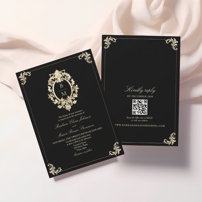 QR Code Black Gold Baroque Monogram Wedding Einladung (Von Creator hochgeladen)