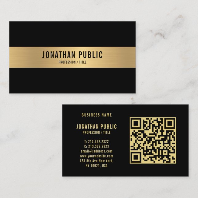 QR Code Black & Gold Elegantes Berufliches Glossy Visitenkarte (Vorne/Hinten)