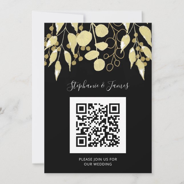 QR Code Black Gold Foliage Wedding Einladung (Vorderseite)