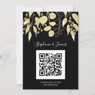 QR Code Black Gold Foliage Wedding Einladung