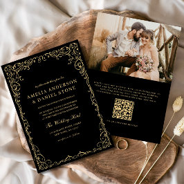 QR Code Black Gold Foto Minimalistische Hochzeit Einladung