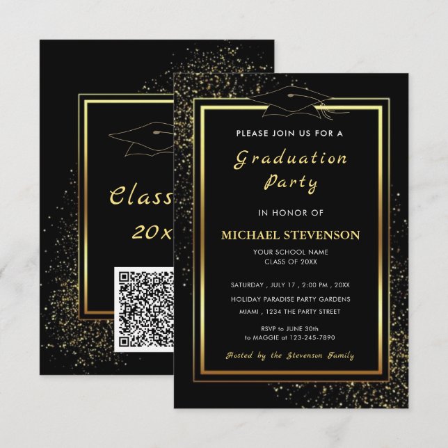 QR Code Black Gold Glitter Graduation Invitations Einladung (Vorne/Hinten)