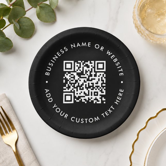 QR Code Black Modern Business Corporate Event Pappteller (Custom QR code paper plates for business events, menus, bookings, and promo tableware.)