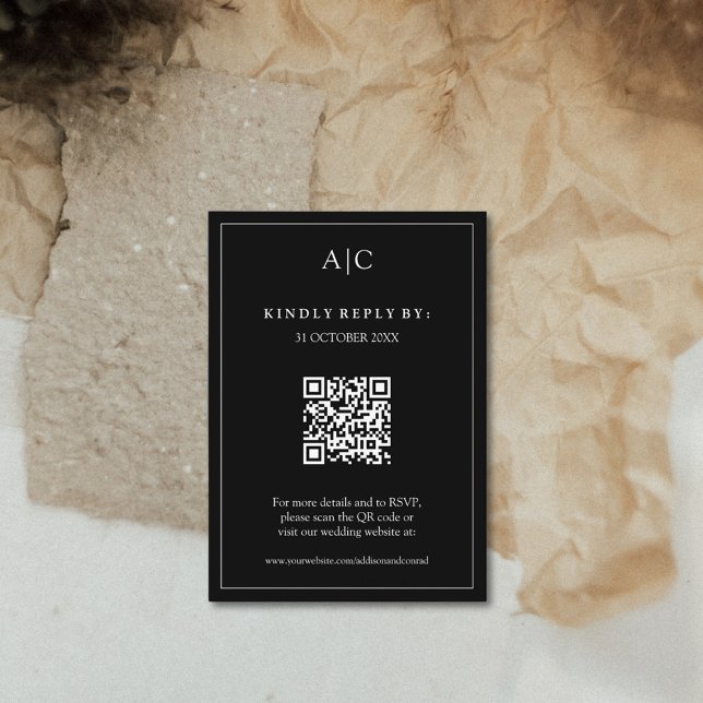 QR Code Black Monogram Wedding RSVP Begleitkarte (Von Creator hochgeladen)
