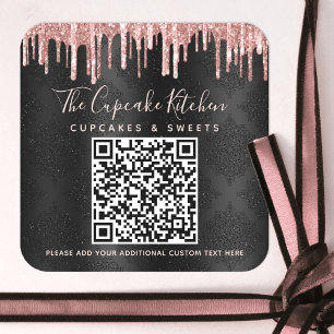 QR-Code Black Rose Gold Glitzer Tropfen Firmenname Quadratischer Aufkleber