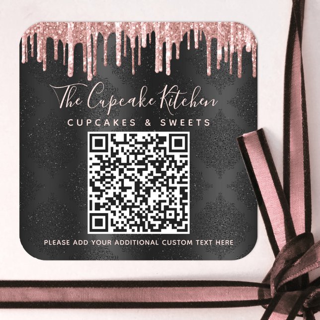 QR-Code Black Rose Gold Glitzer Tropfen Firmenname Quadratischer Aufkleber (Von Creator hochgeladen)