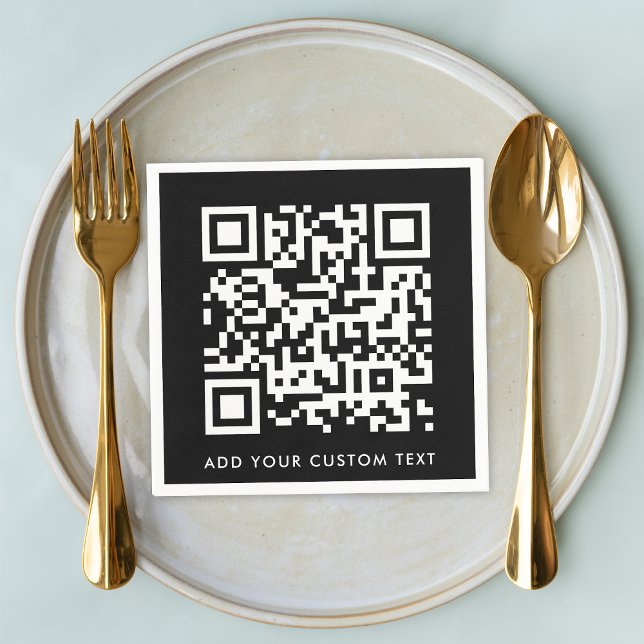 QR-Code | Black Stylish Modern Minimalistisch Bold Serviette (Versatile editable napkin template with interactive QR code & text for business or personal use.)