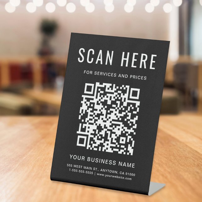 QR Code Black Tabletop Sockelschild (A QR code sign to effortlessly connect your customers to your online platforms)