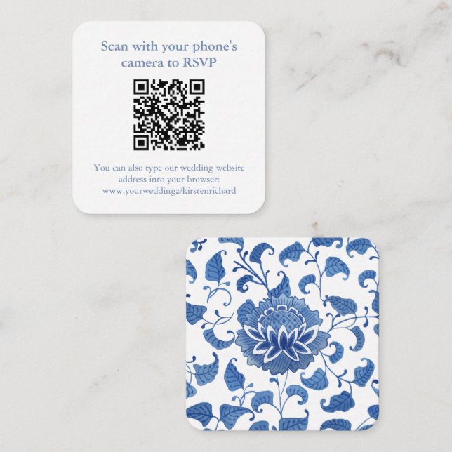 QR-Code Blau-Chinesisch-Vase-Hochzeit RSVP Begleitkarte (Vorne/Hinten)