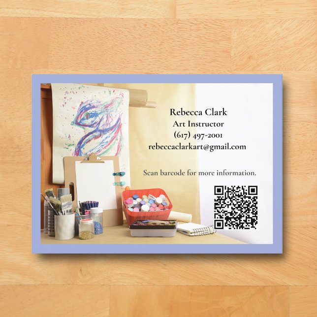QR Code Blue Art Teacher Tutor Art Class  Visitenkarte (Blue Art Classroom Business Card for Teacher )