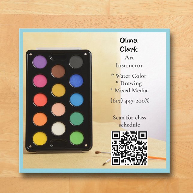 QR Code Blue Artist Tutor Educator Art teacher  Quadratische Visitenkarte (Blue Art Business Card )