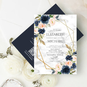 QR Code Blue Blush Marble Geometric Floral Wedding Einladung