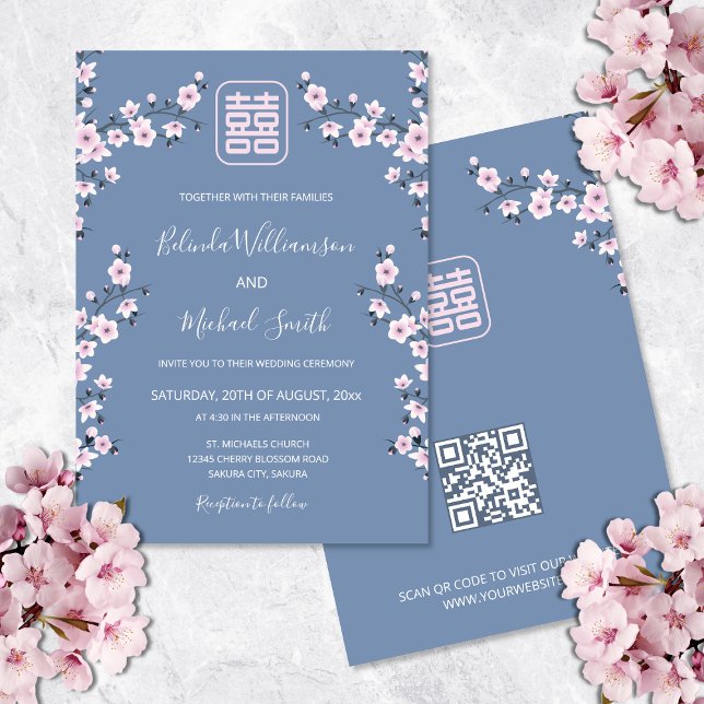 QR Code Blue Cherry Blossom | Chinesische Hochzeit Einladung (Von Creator hochgeladen)