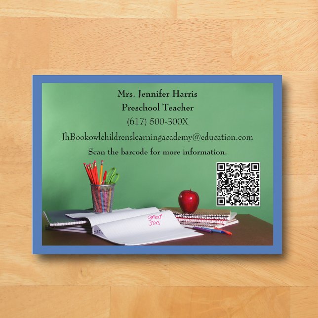 QR-Code Blue Grundschule Vorschullehrer  Visitenkarte (Blue Business Card for Teacher)