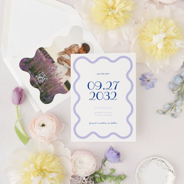 QR Code Blue Lavender Wave Scallop Foto Hochzeit Save The Date (Von Creator hochgeladen)