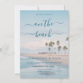 QR Code Blue Ocean Palm Tree Beach Wedding Einladung