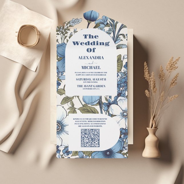 QR Code Blue Periwinkle Wildblumen Hochzeit All In One Einladung (Von Creator hochgeladen)