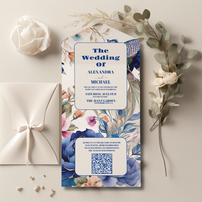 QR Code Blush Floral Peacock Chinoiserie Hochzeit All In One Einladung (Von Creator hochgeladen)