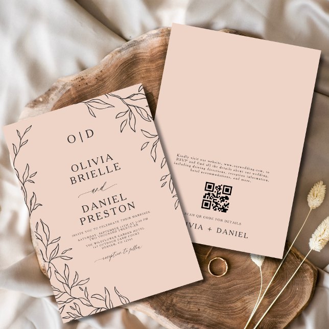 QR-Code Blush Pink Minimal Leaf Hochzeit Einladung (Von Creator hochgeladen)