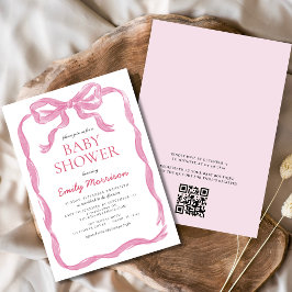 QR-Code Blush Pink Ribbon Bow Girl Baby Shower Einladung