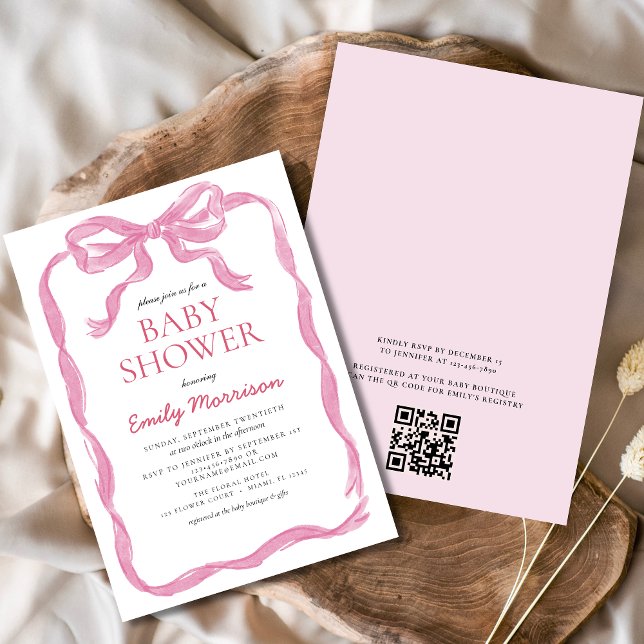QR-Code Blush Pink Ribbon Bow Girl Baby Shower Einladung (Von Creator hochgeladen)