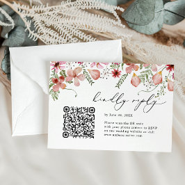 QR-Code Blush Pink Watercolor Floral Wedding RSVP Karte